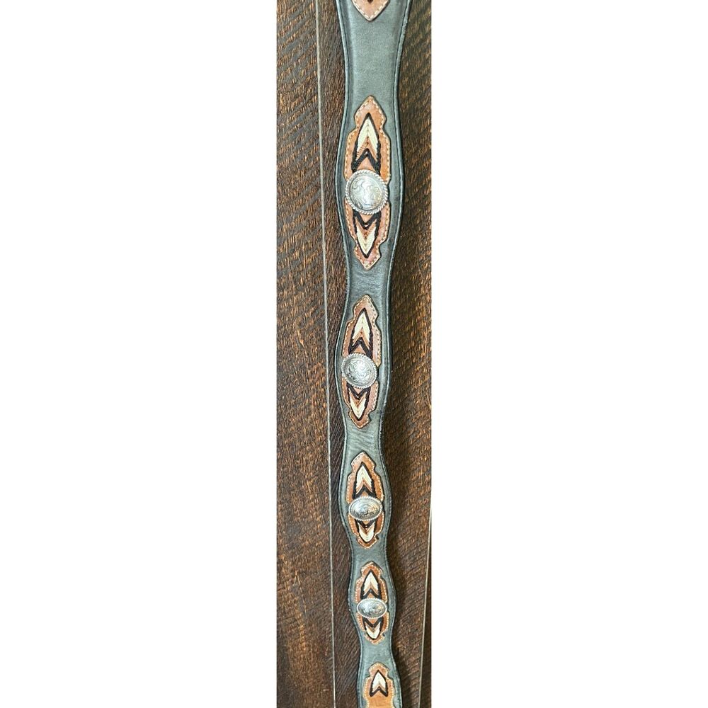 Western Tooled Leather Belt Silver Conchos Brown Black Size 34 Cowboy Boho
